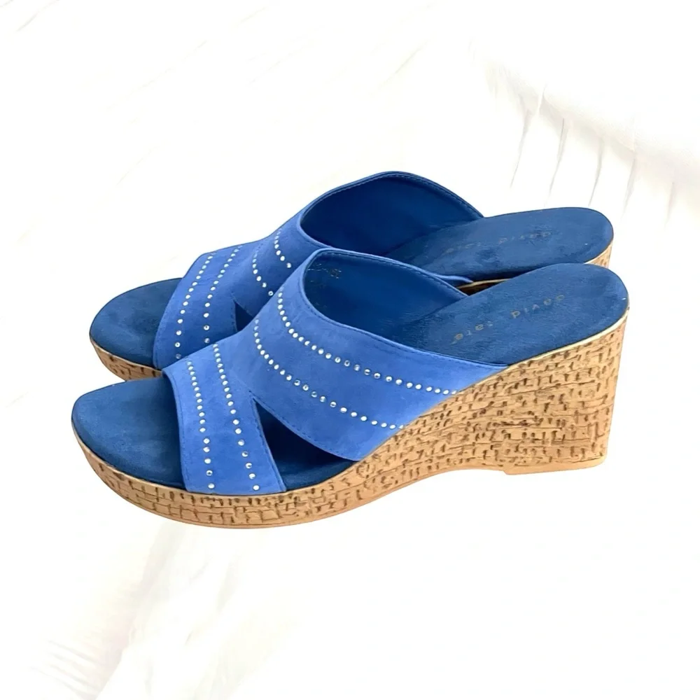 David Tate Wedge Open Toe Slip On‎ Sandals Leather Upper Embedded Rhinestones